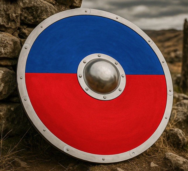 Bouclier anglo-saxon rouge et bleu en bois et acier