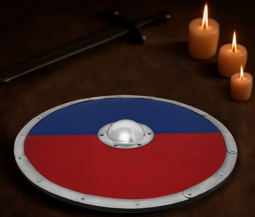 Bouclier rond anglo-saxon rouge et bleu en bois