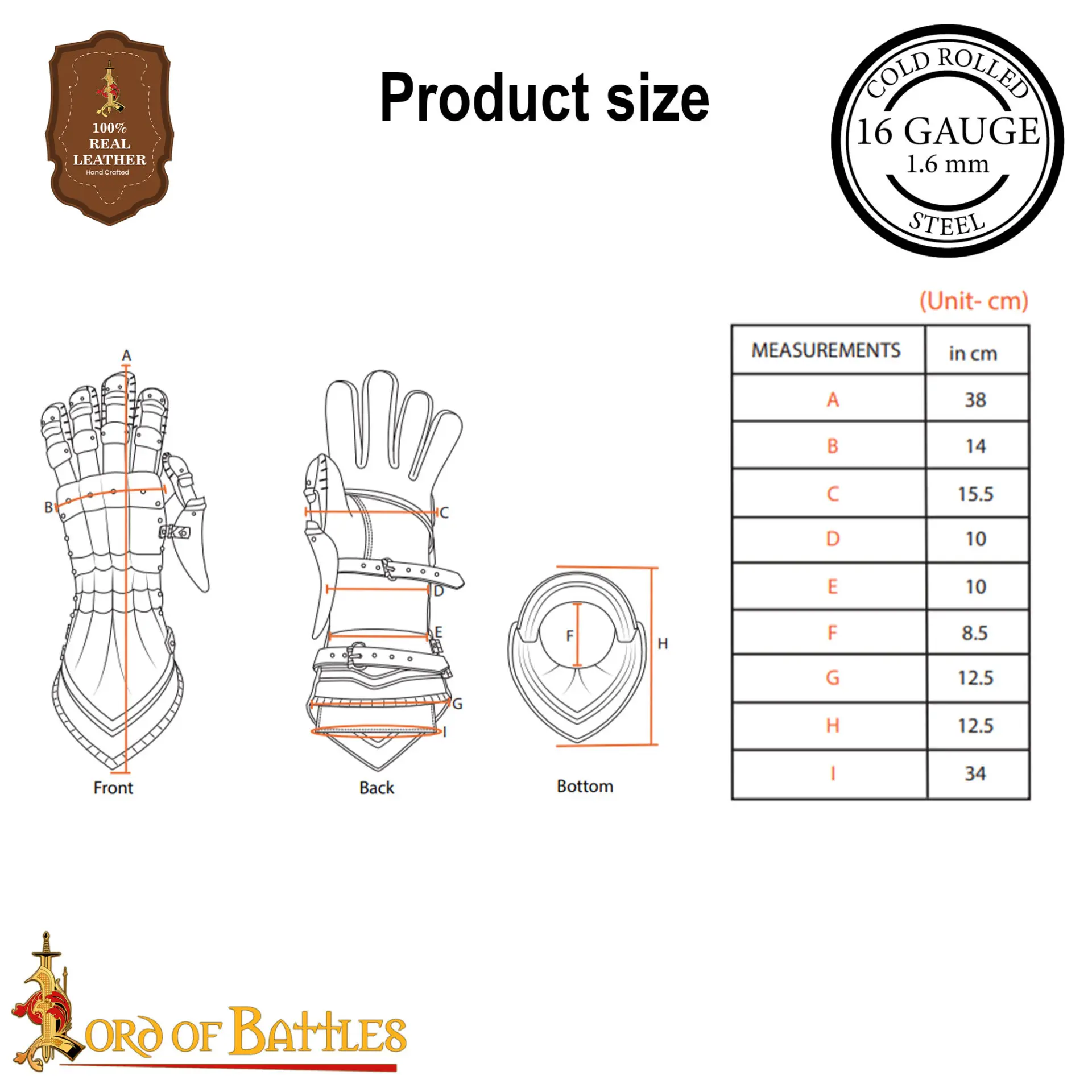 Largeur 12cm gantelets chevalier proportions - Dimensions polyvalentes protection complète