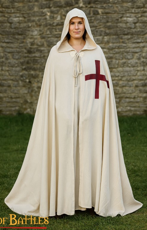 Cape croisé teutonique blanche à capuche avec croix rouge des templiers
