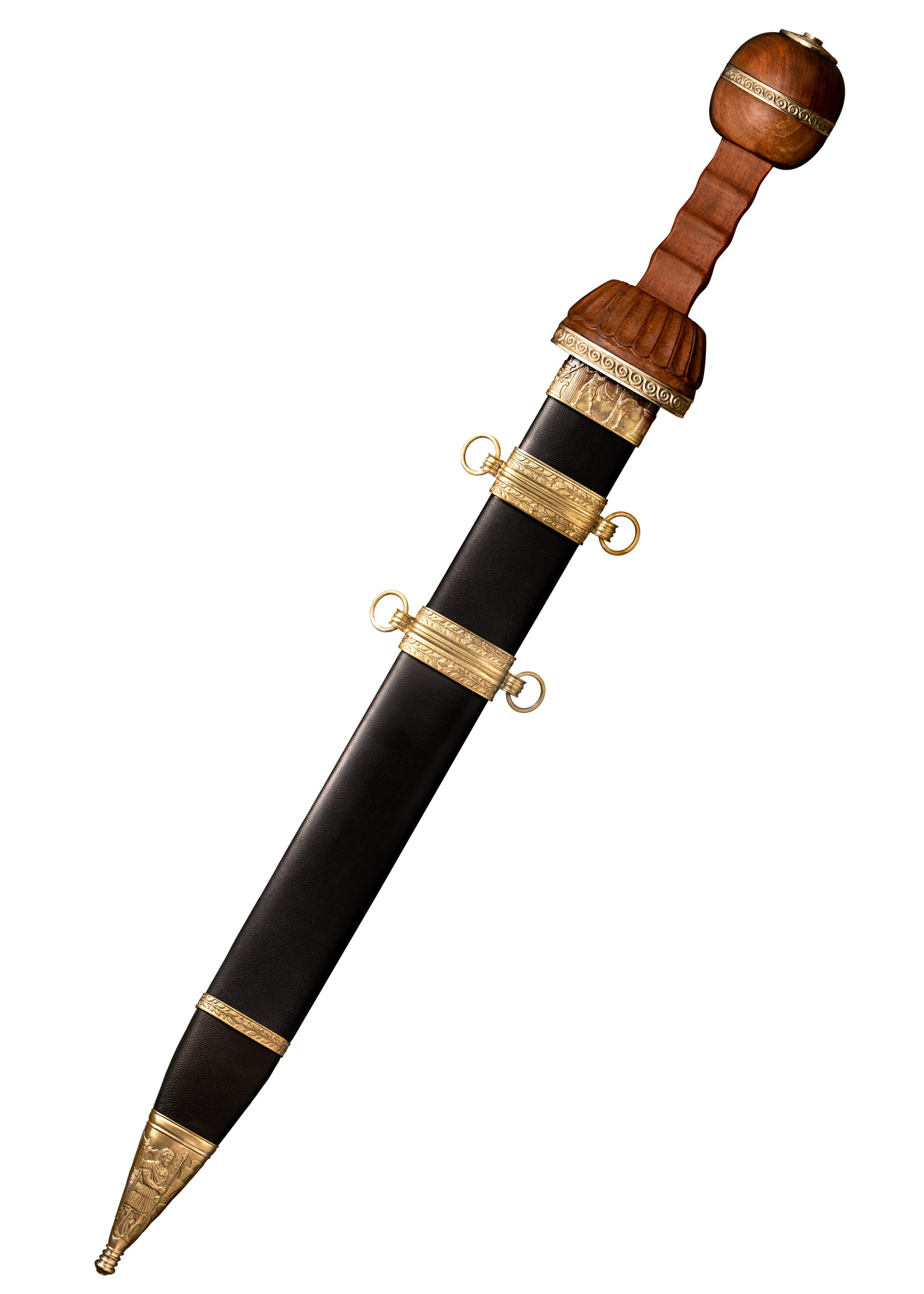 Gladius romain tranchant Cold Steel en acier au carbone avec poignée en bois de rose et fourreau en cuir noir, réplique historique d'épée de légionnaire